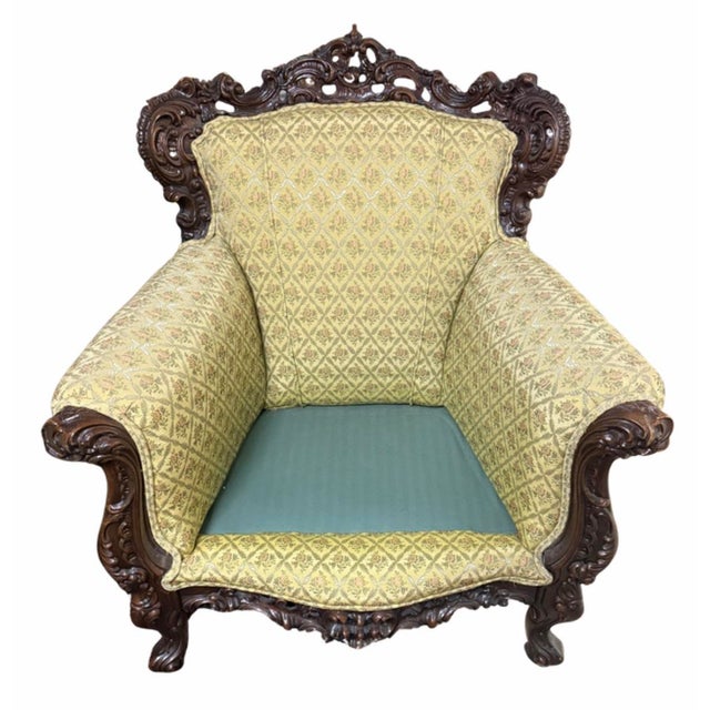 Baroque 19th Century Italian Baroque Carved Walnut Sofa & Armchair – Silk Upholstery – Pair For Sale - Image 3 of 12