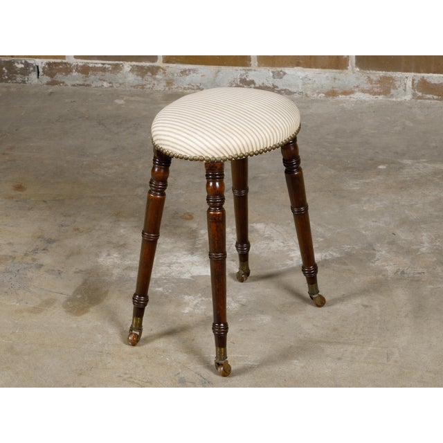 English Turned Oak 19th Century Stool on Casters with Oval Upholstered Seat For Sale - Image 11 of 12