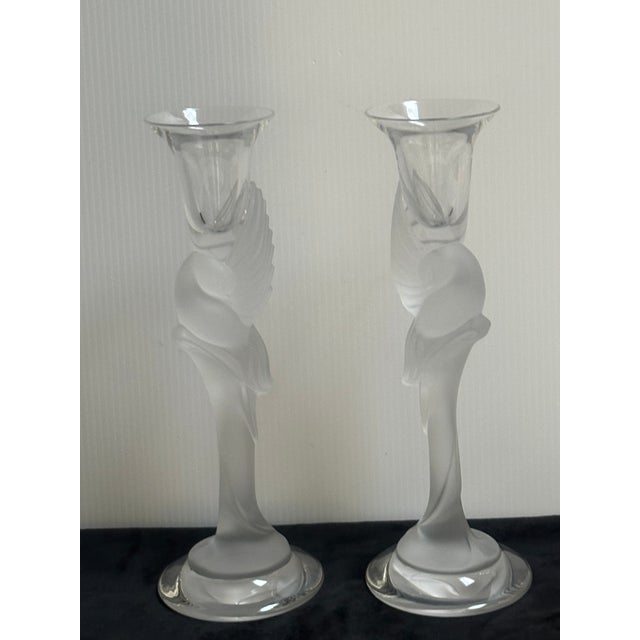 Pair of Frosted Crystal Snow Kissing Doves Candlesticks Sign Igor Carl Faberge for the House of Faberge Made in France For Sale - Image 15 of 18