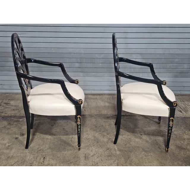 Late 20th Century Pair of Karges Hepplewhite Plum Arm Chairs Ebonized, Carved Hand Painted Leather Fabric For Sale - Image 9 of 11