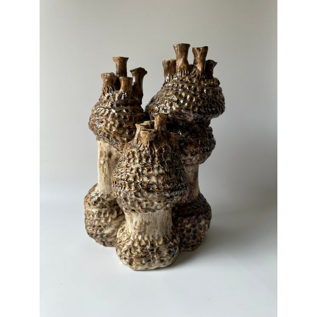Brutalist Abstract Ceramic Sculpture Details: Signed "T.G." on bottom Set of three columns with five or six tubes on each....