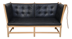 Spoke Back Sofa in Beech and Black Leather by Børge Mogensen, 1963