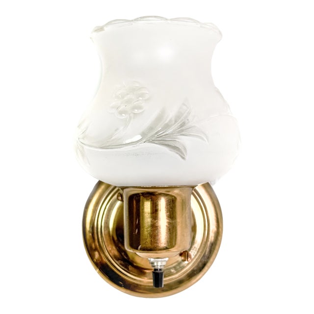 Vintage 1960s Mid Century Brass Wall Sconce With Frosted Scalloped Floral Glass Shade Hardwired Wall Sconce Lamp For Sale