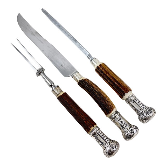 Sheffield Estate English Stag Antler Handled, Sterling Capped Carving Set, 3 PCS For Sale