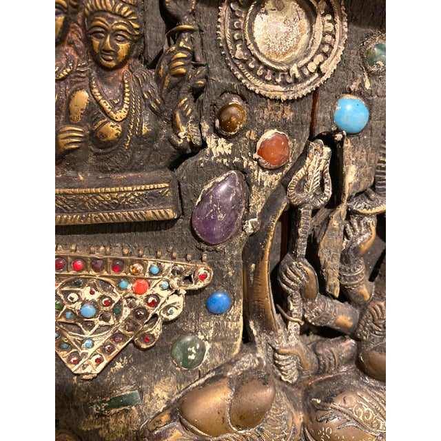 Antique Nepalese Durga Hindu Shrine Brass Wood Stone Inlaid Wall Plaque C1900 For Sale - Image 11 of 16