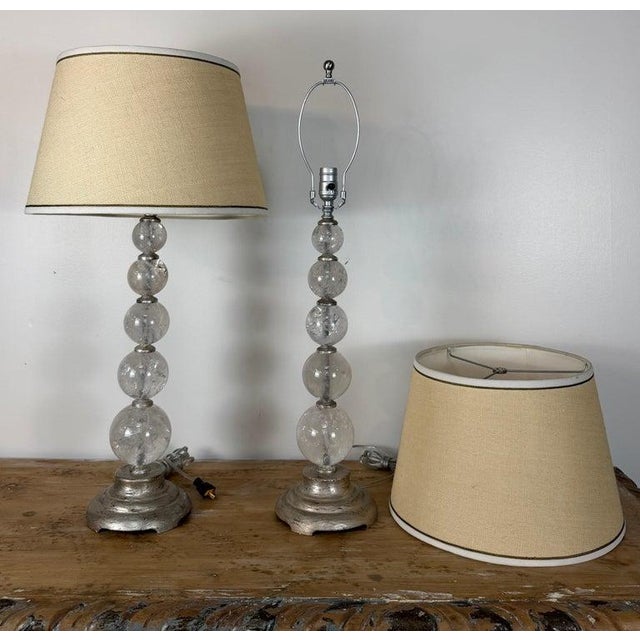 Hollywood Regency Pair of Hollywood Regency Rock Crystal Stacked Orb Table Lamps - Silver Leaf For Sale - Image 3 of 17