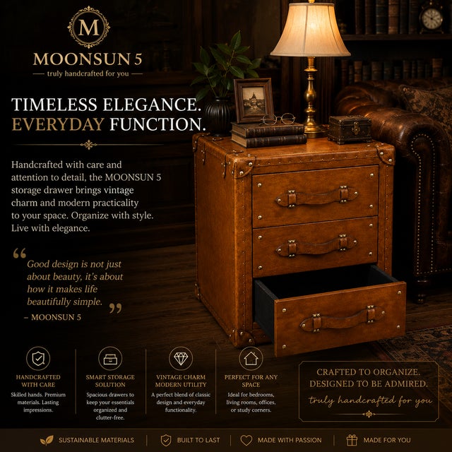 Luxury Handmade Leather Bedside Tables, Pair of Vintage Trunk Nightstands, Tan Leather 3 Drawer Bedside Cabinets With Brass Studs For Sale - Image 9 of 12