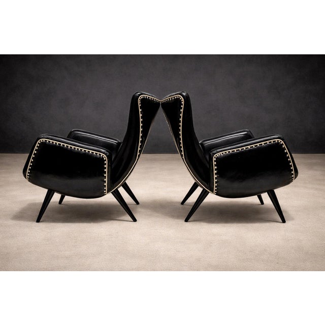 1950s Pair of Armchairs in & Faux Black Leather, Unknown, 1950s For Sale - Image 5 of 9