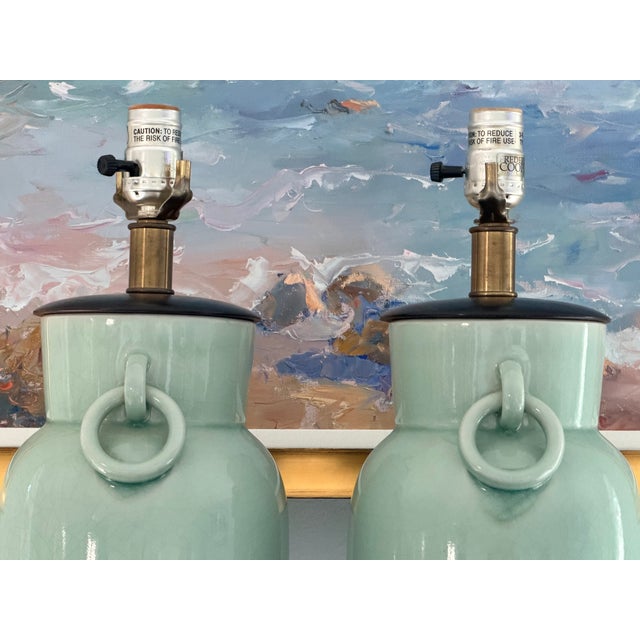 Celadon Vintage Frederick Cooper Crackle-Glazed Celadon Porcelain Table Lamps For Sale - Image 8 of 14