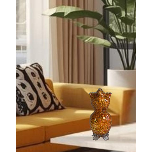 Glass Antique Franz Welz Style Art Glass Orange Confetti Vase With Crimped Lip For Sale - Image 7 of 18