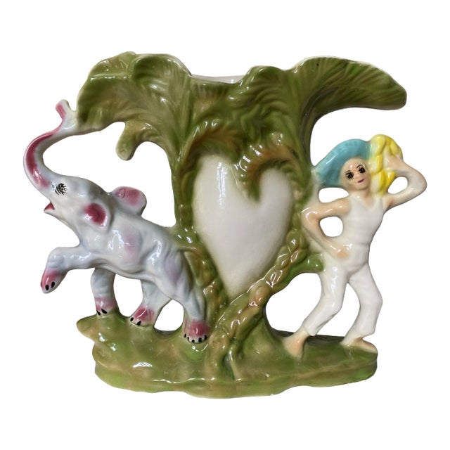 1930s Polychrome Italian Vase With Palm Trees, Woman With Bananas and Elephant With Upturned Trunk For Sale