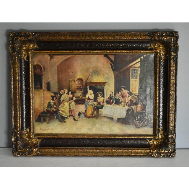 Antique - 1910 European Tavern Scene Oil on Canvas Painting. Signed: E.L.Seeds 1910. Ornate Wood Frame in a Burnished...