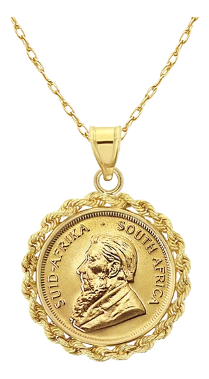 1/4OZ South African Krugerrand Coin Necklace with Rope Halo 16"