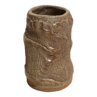 1970s Signed Hand-Formed Textured Studio Pottery Vase With Organic Wabi-Sabi Glaze For Sale