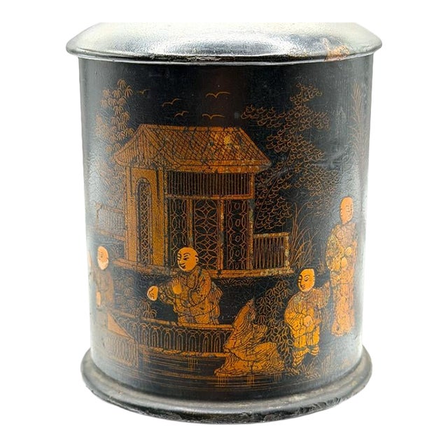 Antique English Black Lacquer Tea Caddy — Parcel-Gilt Chinoiserie For Sale