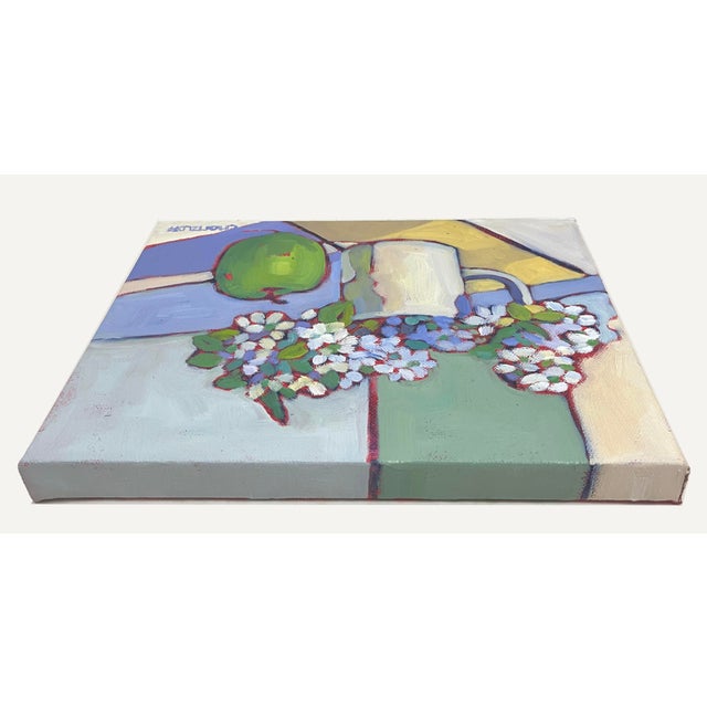 Textile Blossoms & Green Apple, Contemporary Floral and Fruit Oil Painting For Sale - Image 7 of 8