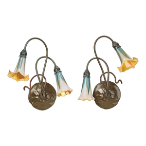 Mid 20th Century Signed Bronze Two Arm Tulip Wall Sconce With Pulled Feather Glass Shades, Tiffany Style
