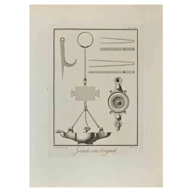 Nicola Vanni, Surgical Objects and Oil Lamp, Etching, 18th Century For Sale
