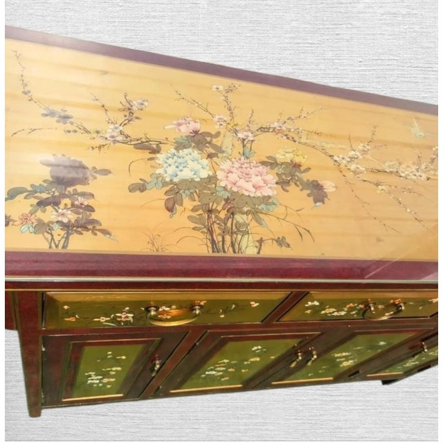 Wood Vintage Chinoiserie Bird Floral Red Gold Leaf Pagoda Top Regency Buffet Credenza Server Cabinet For Sale - Image 7 of 11