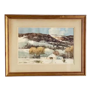 Joseph L C Santoro Listed Massachusetts Artist Original Watercolor of Hawk Mountain, Framed + Exhibition Label