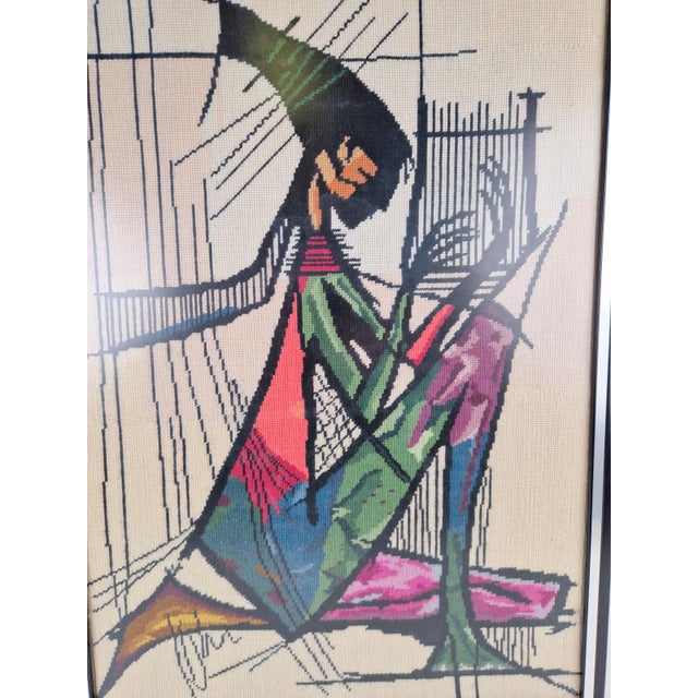 1970s Vintage Framed Embroidered Harp Player Wall Art Tapestry, 1970s For Sale - Image 5 of 7