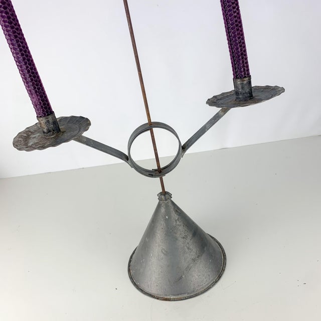 Early Antique Primitive Tin Candle Holder Adjustable Double Arm Conical Base For Sale - Image 11 of 12