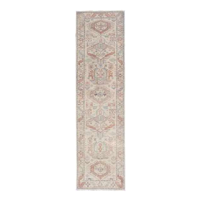 Afghanistan Heriz-Serapi Runner With Ivory Field and Soft Green Accents For Sale