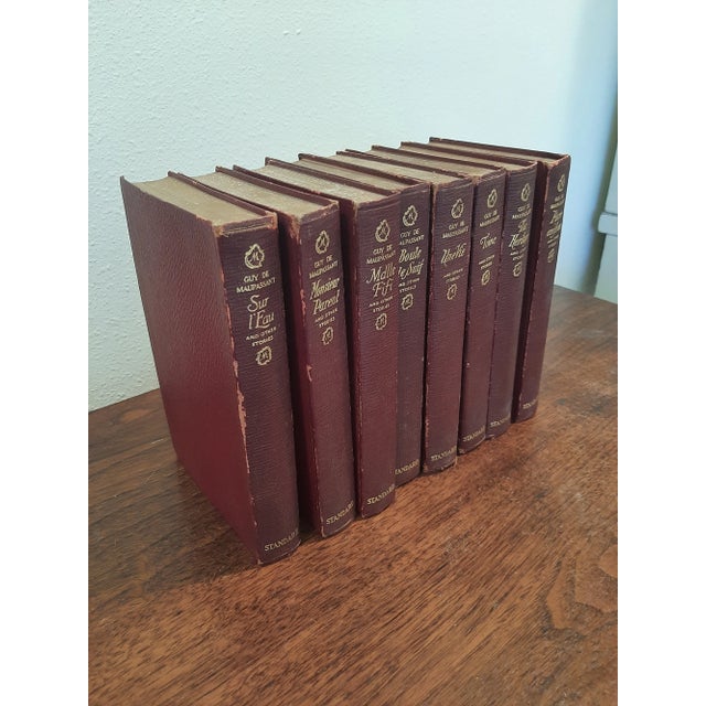 Metal 1914 Guy De Maupassant Stories Red Leather Gold Gilt Book Set 9 For Sale - Image 7 of 11