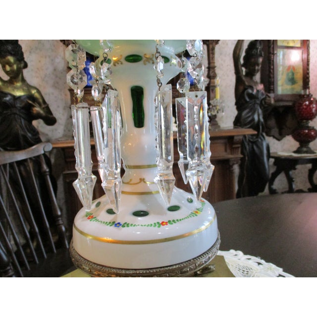 Paint Antique Moser Bohemian Czech Cut to Green Enamel Serpent Feet Luster Lamp W./ 10 Large Prisms For Sale - Image 7 of 11