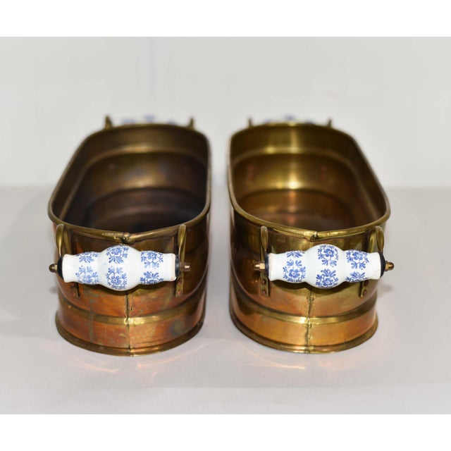 Vintage Brass Herb Planters With Blue & White Ceramic Handles - A Pair For Sale In Chicago - Image 6 of 12