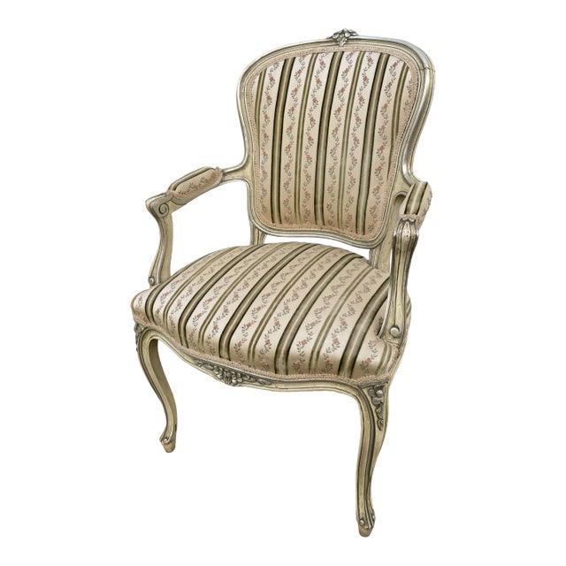 Painted Wood Arm Chair Vintage Venetian Style Carved Cream Green Floral Stripe For Sale