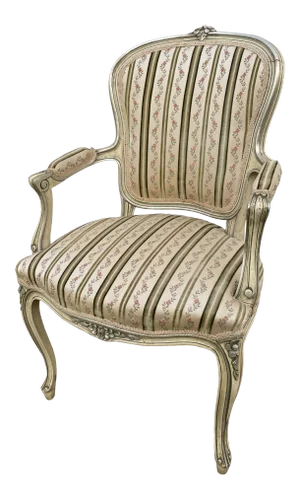 Painted Wood Arm Chair Vintage Venetian Style Carved Cream Green Floral Stripe