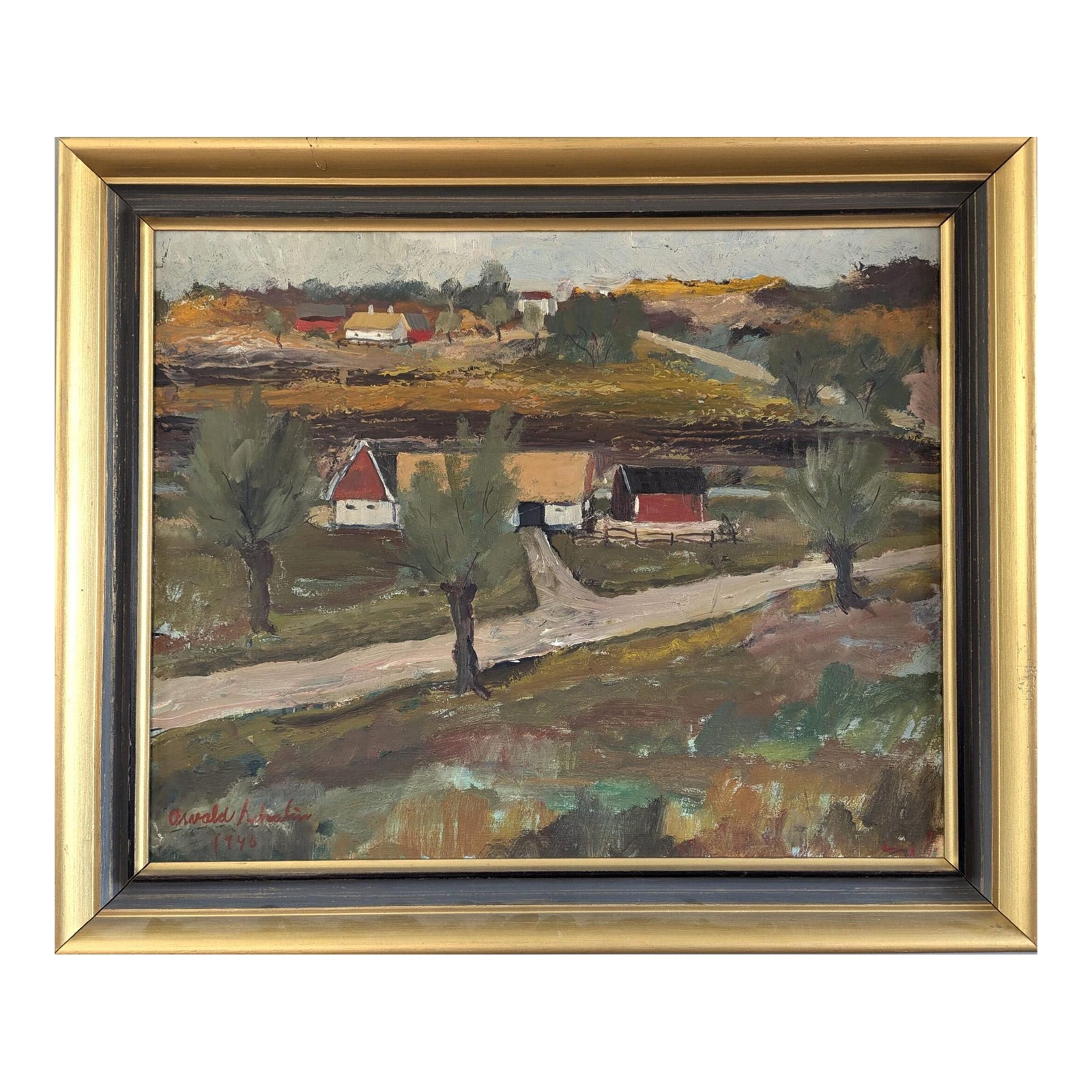 50s〜 アメリカアンティーク 絵画 USA カントリー ミッドセンチュリー 1946 Mid-Century Modern 'Rural Tranquility' Vintage Swedish