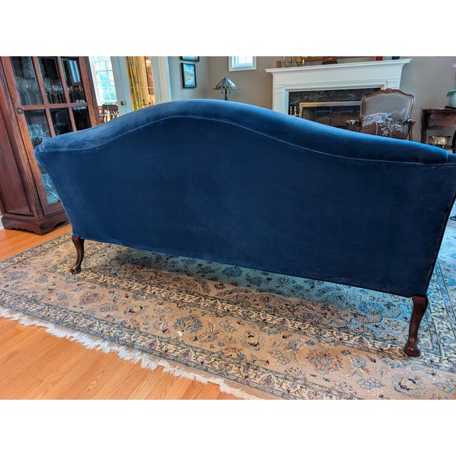 Restored Vintage Chippendale Style Camelback Sofa in Blue Velvet For Sale - Image 12 of 18