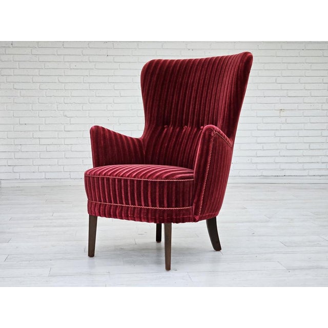 1960s, Danish armchair in cherry-red furniture velour. Original very good condition: no smells, no stains, and stable...