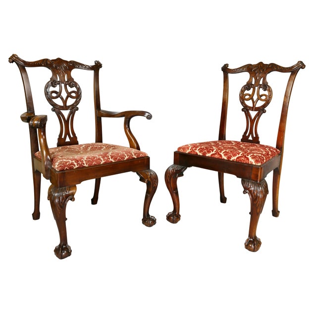 Each very sturdy and wonderful generous scale with serpentine carved crestrail over a pierced splat with carving and drop...