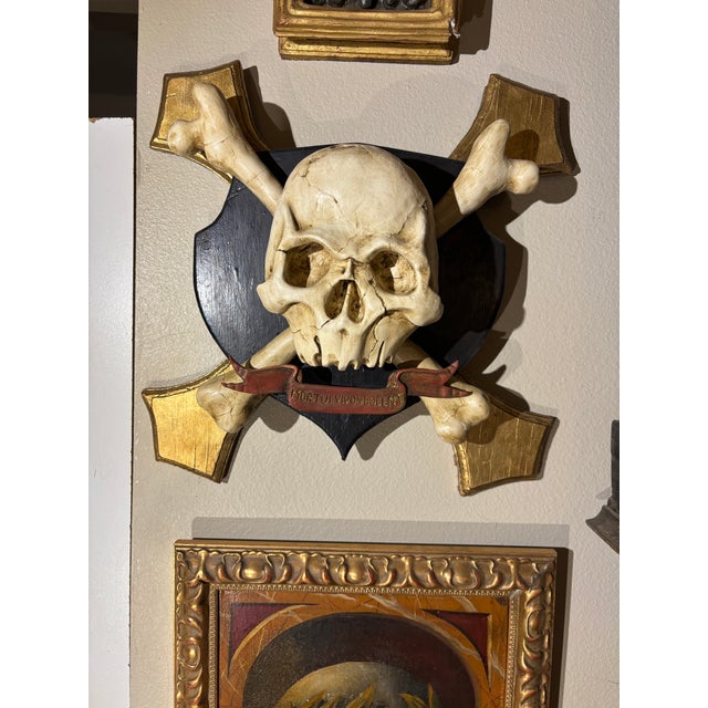 Hand Sculpted, Carved and Parcel Gilt Skull and Crossbones Memento Mori Mounted on a Decorative Plaque For Sale - Image 11 of 11