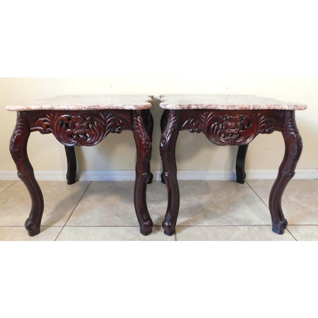 Chinese Pair Vintage Chinese Carved Rosewood Pink Marble Top Side/End Tables For Sale - Image 3 of 8