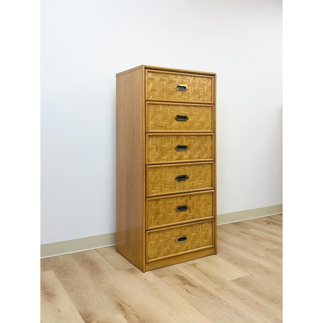 Mid-Century Modern Mid 20th Century Dixie Parquet Inlay Tall Chest of Drawers Brass Detail Coastal Hollywood Regency For Sale - Image 3 of 11