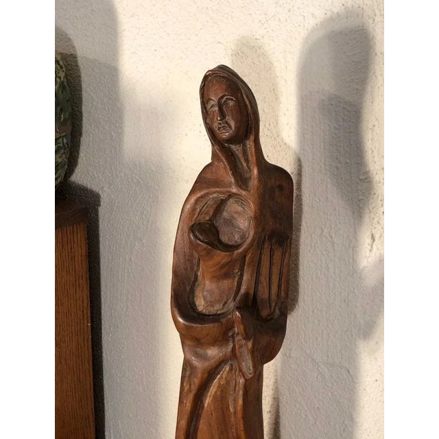 Brown Large Mid Century Hand Carved Wooden Mother and Child Statue For Sale - Image 8 of 13