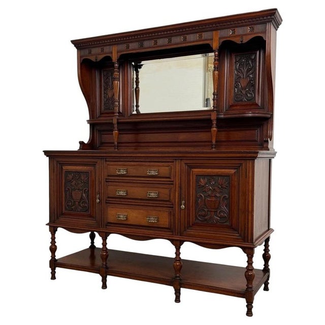 Antique English Carved Walnut Mirror-Back Sideboard, 1900s For Sale - Image 3 of 13