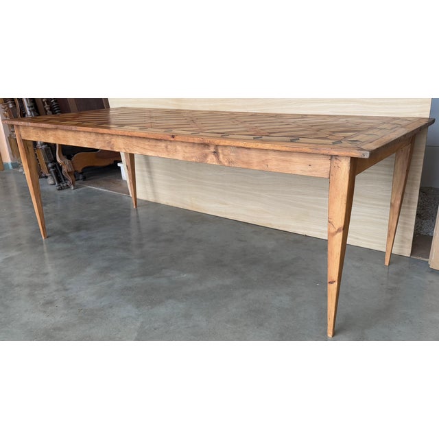 Wood Early 20th Century Country French Provincial Style Oak Farmhouse Dining Table with Marquetry Top For Sale - Image 7 of 18