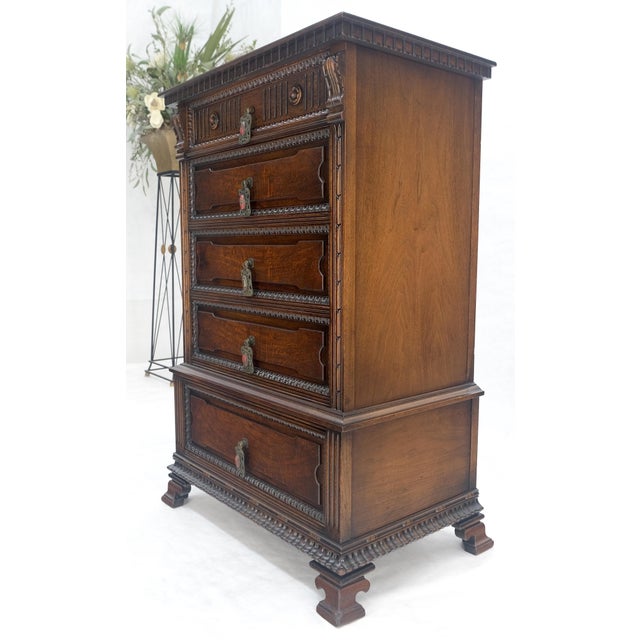 Fine Ornate Carved Oak 5 Drawers Bracket Feet Decorative Chest c1900s MINT For Sale - Image 6 of 18