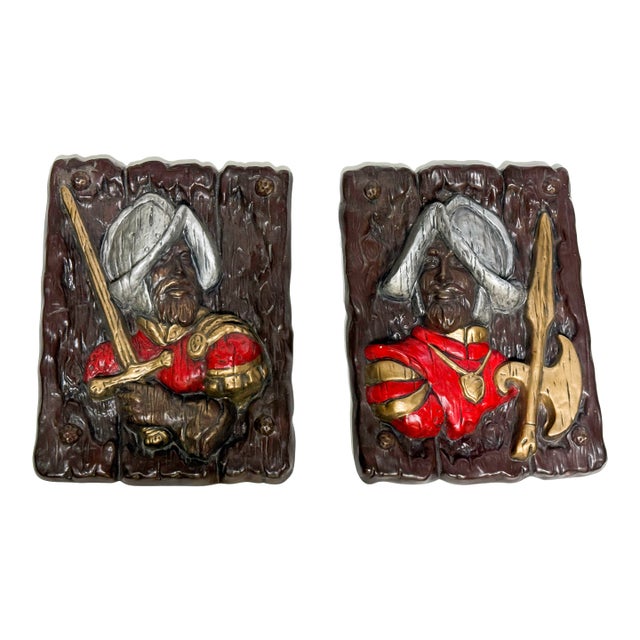 Vintage 1960s Van Guard Studios Spanish Soldier Don Quixote Conquistador Wall Plaques – A Pair For Sale