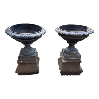 Pair of Vintage Iron Planters on Plinths For Sale