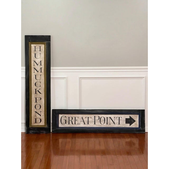 Coordinating pair of painted wooden Nantucket wall signs. Acquired on Nantucket, they feature a shutter style form with a...