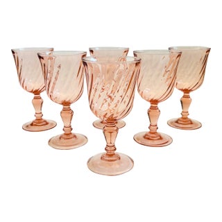 Pink Swirl Wine Goblets - Set of 6 - France For Sale