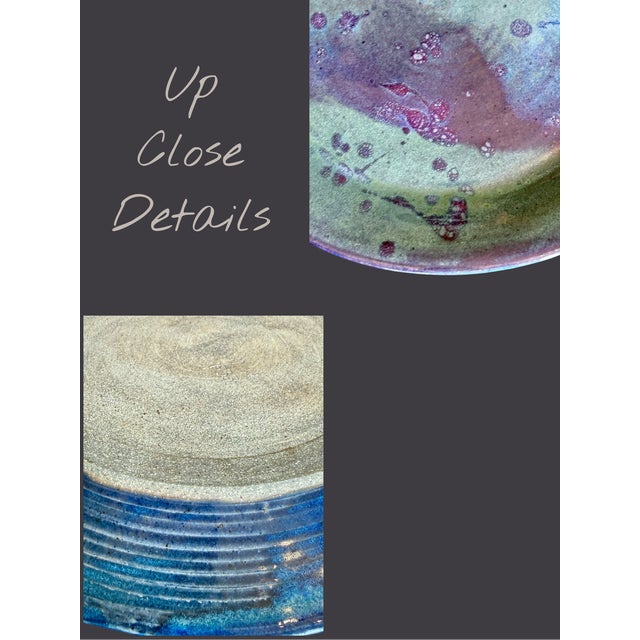Studio Art Pottery Platter-Signed Blue Purple Green-Iridescent Ceramic-Coastal For Sale - Image 9 of 11