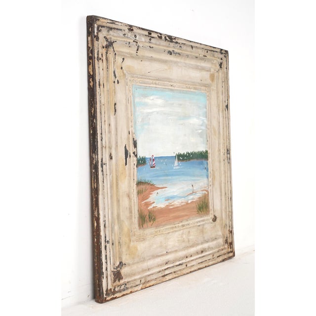 Traditional Hand Painted Scenic Sailboat Tin Ceiling Wall Panel For Sale - Image 3 of 7