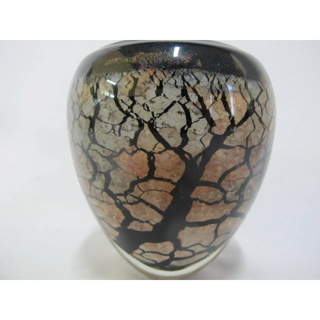 Robert Malone studio art glass vase. Brown crackling effect gives an earthy appearance. Enhanced with gold flecks near...